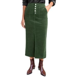 imageluvamia Corduroy Skirts for Women Midi Length High Waisted Button Fly Fall Casual Elastic Waist Long Skirt with SlitDark Green