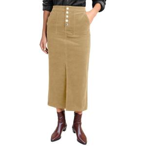 imageluvamia Corduroy Skirts for Women Midi Length High Waisted Button Fly Fall Casual Elastic Waist Long Skirt with SlitKhaki