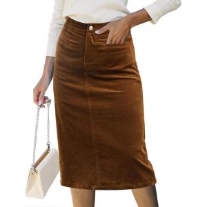 imageluvamia Corduroy Skirts for Women Midi Length High Waisted Trendy Fall Elastic Waist Casual Stretchy Welt Pockets SkirtBrown