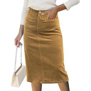 imageluvamia Corduroy Skirts for Women Midi Length High Waisted Trendy Fall Elastic Waist Casual Stretchy Welt Pockets SkirtTan