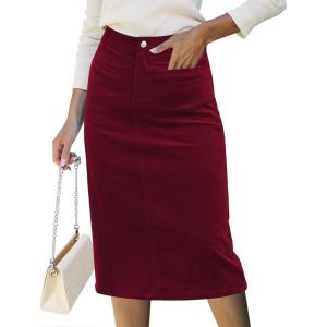 imageluvamia Corduroy Skirts for Women Midi Length High Waisted Trendy Fall Elastic Waist Casual Stretchy Welt Pockets SkirtWine Red