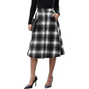 imageluvamia Plaid Skirts for Women Midi Length High Waisted Button Down A Line Fall Winter Elastic Waist Skirt with PocketsBlack Plaid