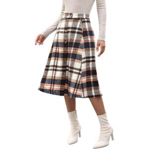 imageluvamia Plaid Skirts for Women Midi Length High Waisted Button Down A Line Fall Winter Elastic Waist Skirt with PocketsDark Blue Plaid