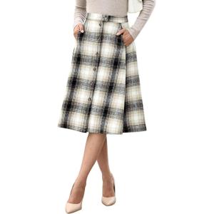 imageluvamia Plaid Skirts for Women Midi Length High Waisted Button Down A Line Fall Winter Elastic Waist Skirt with PocketsKhaki Plaid