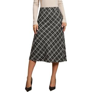 imageluvamia Plaid Skirts for Women Midi Length High Waisted Trendy A Line Elastic Waist Casual Office Work Fall SkirtBlack