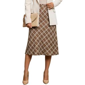 imageluvamia Plaid Skirts for Women Midi Length High Waisted Trendy A Line Elastic Waist Casual Office Work Fall SkirtBrown