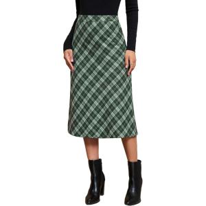 imageluvamia Plaid Skirts for Women Midi Length High Waisted Trendy A Line Elastic Waist Casual Office Work Fall SkirtGreen