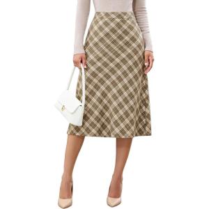 imageluvamia Plaid Skirts for Women Midi Length High Waisted Trendy A Line Elastic Waist Casual Office Work Fall SkirtKhaki