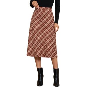 imageluvamia Plaid Skirts for Women Midi Length High Waisted Trendy A Line Elastic Waist Casual Office Work Fall SkirtWinery