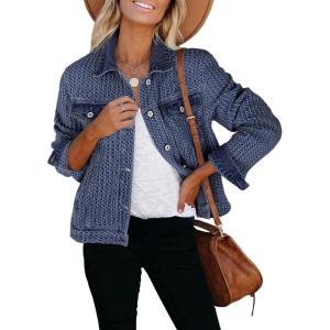 imageluvamia Jean Jacket Women Trendy Texture Distressed Button Down Long Sleeves Casual Trucker Denim Jackets with PocketsDark Blue