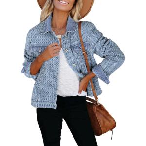 imageluvamia Jean Jacket Women Trendy Texture Distressed Button Down Long Sleeves Casual Trucker Denim Jackets with PocketsMedium Blue