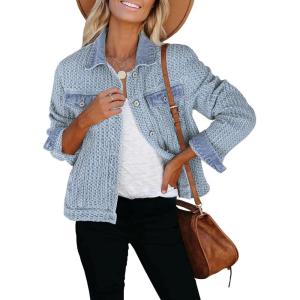 imageluvamia Jean Jacket Women Trendy Texture Distressed Button Down Long Sleeves Casual Trucker Denim Jackets with PocketsRoadknight Blue