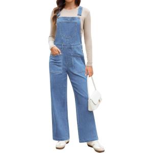 imageluvamia Jean Overalls for Women Loose Fit Baggy Wide Leg Bib Pocket Adjustable Straps Stretchy Denim Overall JumpsuitsBlue Mist