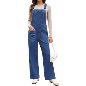 imageluvamia Jean Overalls for Women Loose Fit Baggy Wide Leg Bib Pocket Adjustable Straps Stretchy Denim Overall JumpsuitsCody Blue