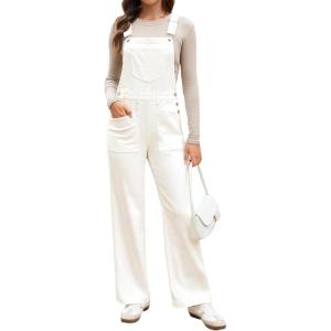 imageluvamia Jean Overalls for Women Loose Fit Baggy Wide Leg Bib Pocket Adjustable Straps Stretchy Denim Overall JumpsuitsCream White