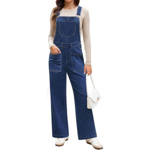 imageluvamia Jean Overalls for Women Loose Fit Baggy Wide Leg Bib Pocket Adjustable Straps Stretchy Denim Overall JumpsuitsNightfall Blue