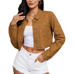imageluvamia Cropped Jean Jacket Women Trendy Rhinestone Embellished Going Out Party Short Stretchy Trucker Denim JacketsBrown
