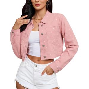 imageluvamia Cropped Jean Jacket Women Trendy Rhinestone Embellished Going Out Party Short Stretchy Trucker Denim JacketsPink