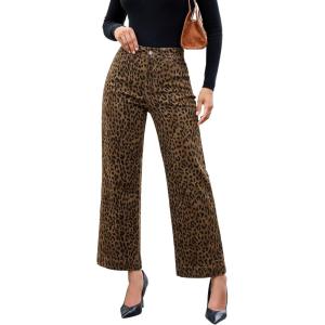 imageluvamia Wide Leg Jeans Woman Trendy High Waisted Leopard Cheetah Print Ankle Length Stretchy Denim Pants with PocketsBrown Cheetah