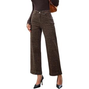 imageluvamia Wide Leg Jeans Woman Trendy High Waisted Leopard Cheetah Print Ankle Length Stretchy Denim Pants with PocketsMini Brown Leopard