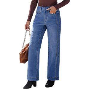 imageluvamia Wide Leg Jeans for Women Trendy High Waisted Double Side Seams Stretchy Denim Pants Trouser Jeans with PocketsClassic Blue