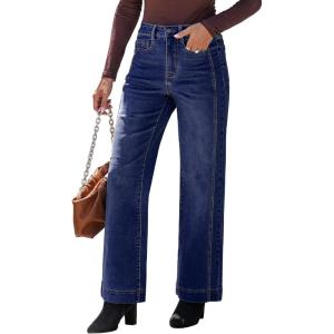 imageluvamia Wide Leg Jeans for Women Trendy High Waisted Double Side Seams Stretchy Denim Pants Trouser Jeans with PocketsDarkness Blue