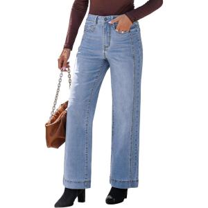 imageluvamia Wide Leg Jeans for Women Trendy High Waisted Double Side Seams Stretchy Denim Pants Trouser Jeans with PocketsLakeside Blue
