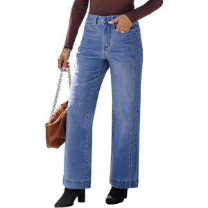 imageluvamia Wide Leg Jeans for Women Trendy High Waisted Double Side Seams Stretchy Denim Pants Trouser Jeans with PocketsMedium Blue