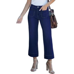 imageluvamia Wide Leg Jeans for Women Trendy High Waisted Flare Jeans Cropped Denim Pants Stretchy Baggy with Patch PocketsNightfall Blue