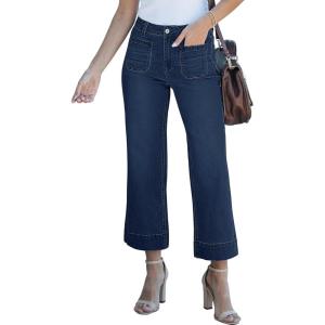 imageluvamia Wide Leg Jeans for Women Trendy High Waisted Flare Jeans Cropped Denim Pants Stretchy Baggy with Patch PocketsVintage Blue