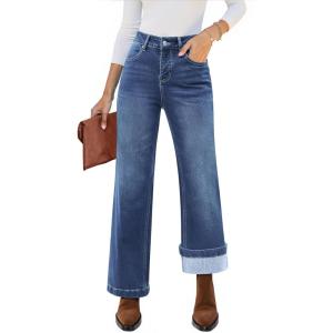 imageluvamia Flare Jeans for Women Thin Fleece Lined High Waisted Wide Leg Trendy Fall Stretchy Denim Pants Trouser JeansClassic Blue