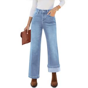 imageluvamia Flare Jeans for Women Thin Fleece Lined High Waisted Wide Leg Trendy Fall Stretchy Denim Pants Trouser JeansPowder Blue