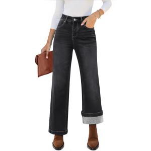 imageluvamia Flare Jeans for Women Thin Fleece Lined High Waisted Wide Leg Trendy Fall Stretchy Denim Pants Trouser JeansWashed Back