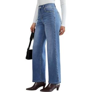 imageluvamia Women Jeans Wide Leg High Waisted Trendy Side Studded Embellished Distressed Stretchy Denim Pants Party JeansClassic Blue