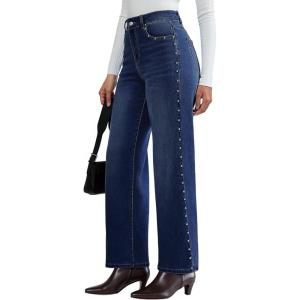 imageluvamia Women Jeans Wide Leg High Waisted Trendy Side Studded Embellished Distressed Stretchy Denim Pants Party JeansDarkness Blue