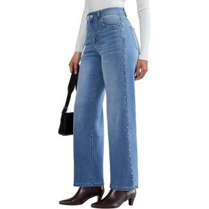 imageluvamia Women Jeans Wide Leg High Waisted Trendy Side Studded Embellished Distressed Stretchy Denim Pants Party JeansMedium Blue