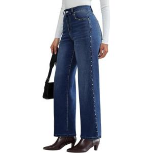 imageluvamia Women Jeans Wide Leg High Waisted Trendy Side Studded Embellished Distressed Stretchy Denim Pants Party JeansNightfall Blue