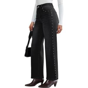 imageluvamia Women Jeans Wide Leg High Waisted Trendy Side Studded Embellished Distressed Stretchy Denim Pants Party JeansWashed Black