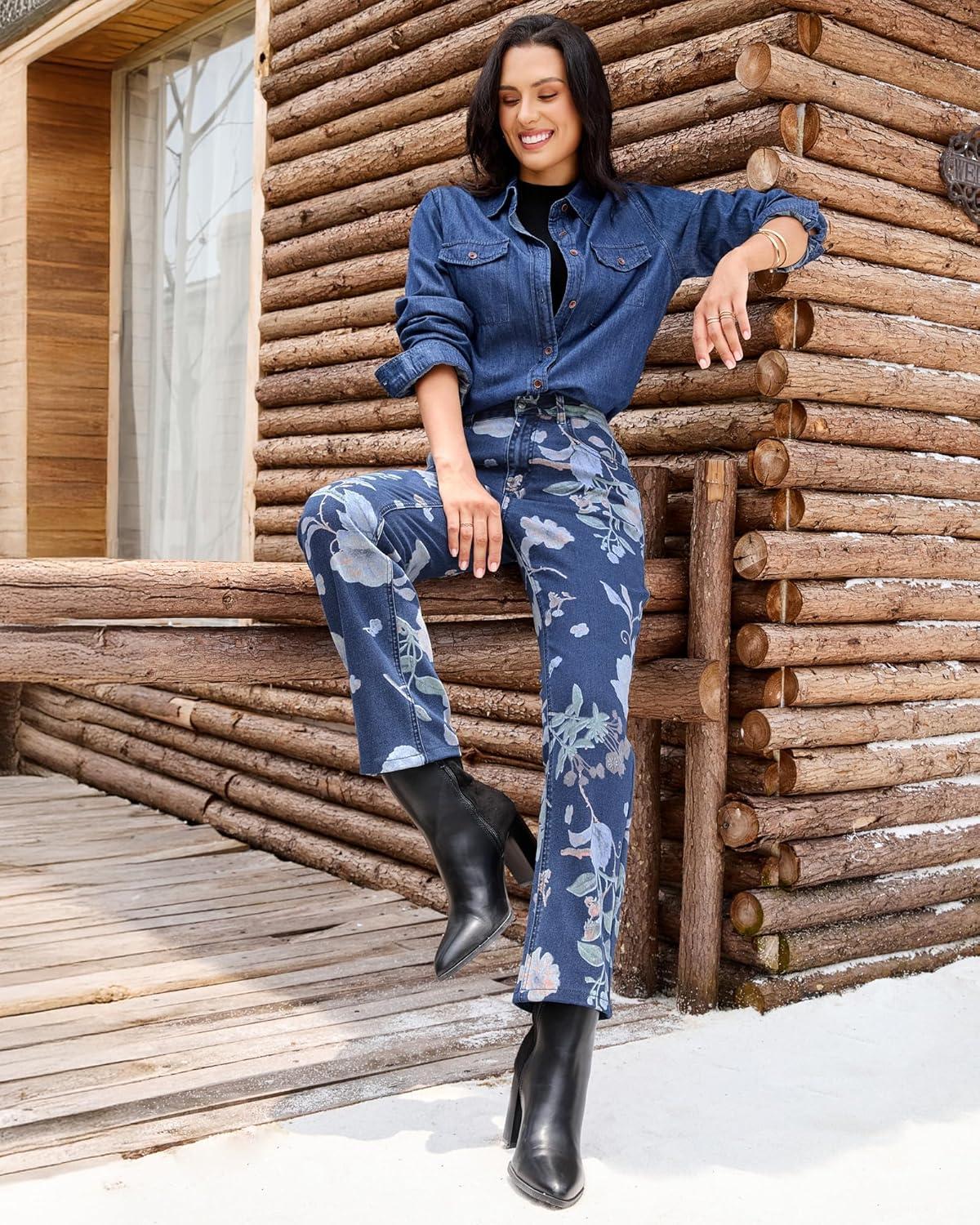 imageluvamia Straight Leg Jeans for Women Floral Printed High Waisted Trendy Cute Vintage Stretchy Denim Pants Boho JeansFloral Print 1  Dark Wash