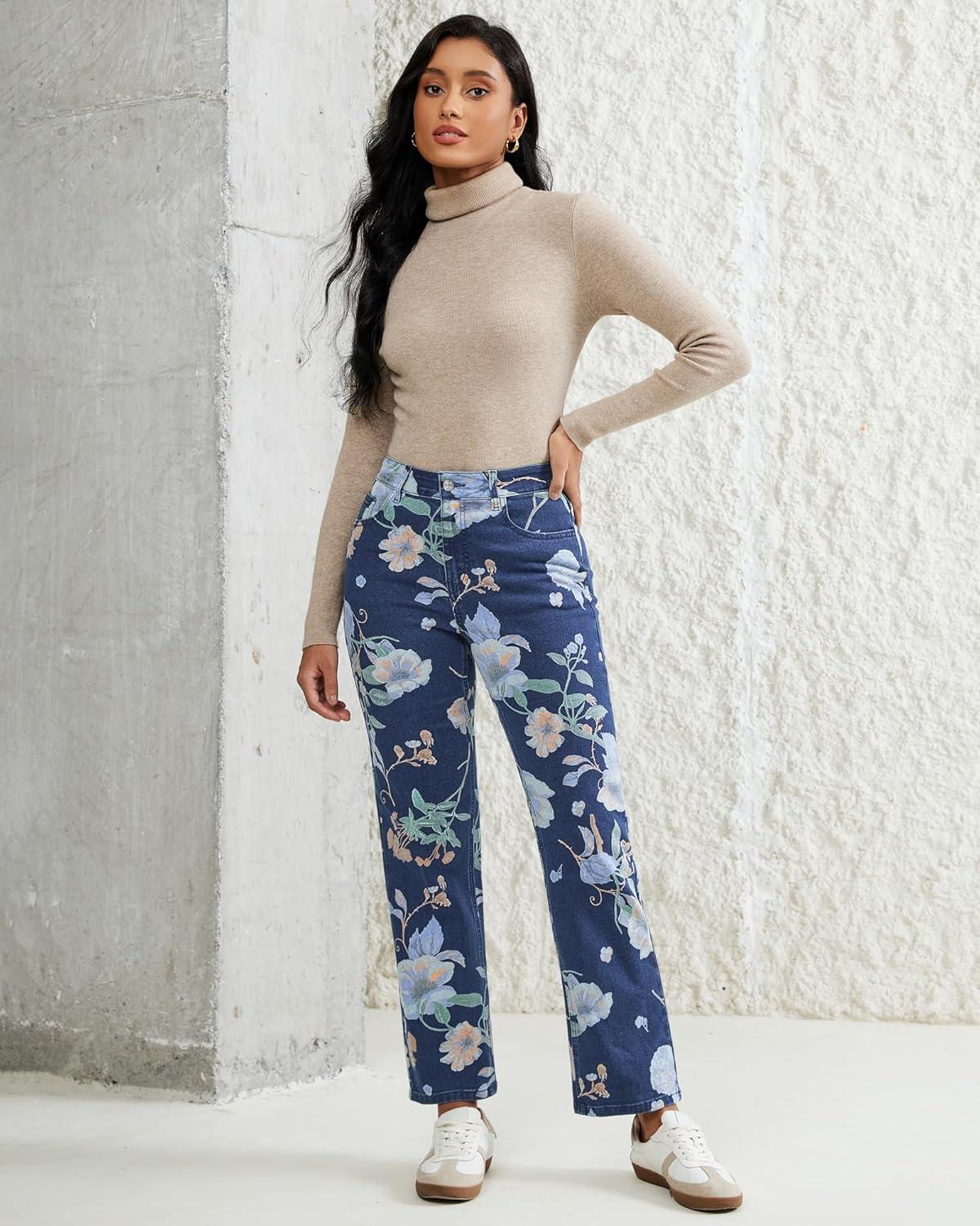 imageluvamia Straight Leg Jeans for Women Floral Printed High Waisted Trendy Cute Vintage Stretchy Denim Pants Boho JeansFloral Print 1  Dark Wash