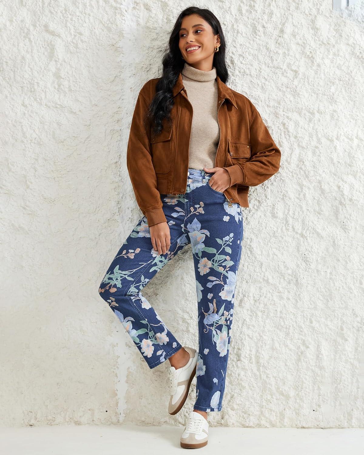 imageluvamia Straight Leg Jeans for Women Floral Printed High Waisted Trendy Cute Vintage Stretchy Denim Pants Boho JeansFloral Print 1  Dark Wash