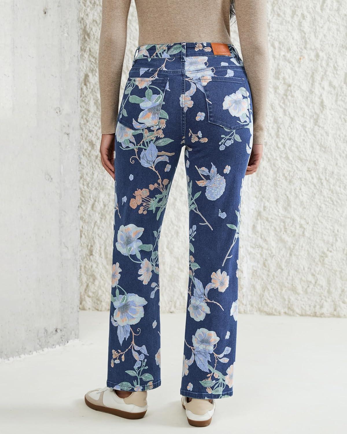 imageluvamia Straight Leg Jeans for Women Floral Printed High Waisted Trendy Cute Vintage Stretchy Denim Pants Boho JeansFloral Print 1  Dark Wash