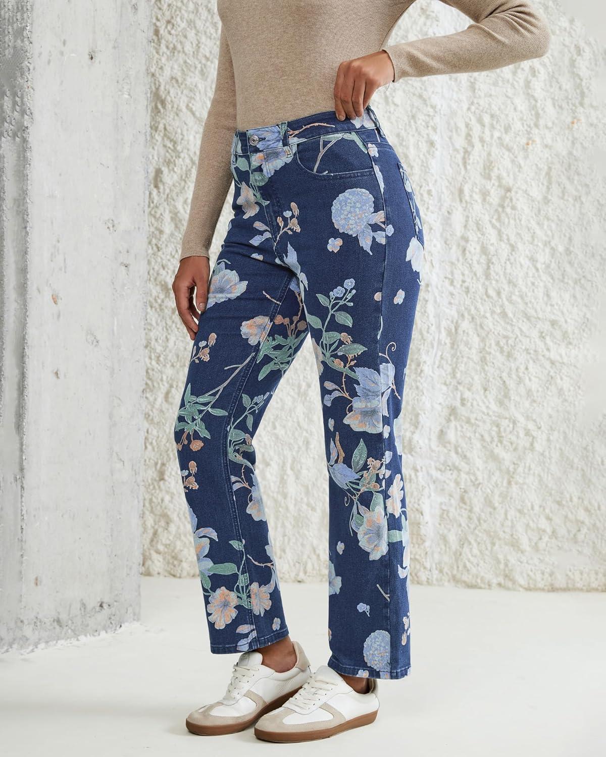 imageluvamia Straight Leg Jeans for Women Floral Printed High Waisted Trendy Cute Vintage Stretchy Denim Pants Boho JeansFloral Print 1  Dark Wash