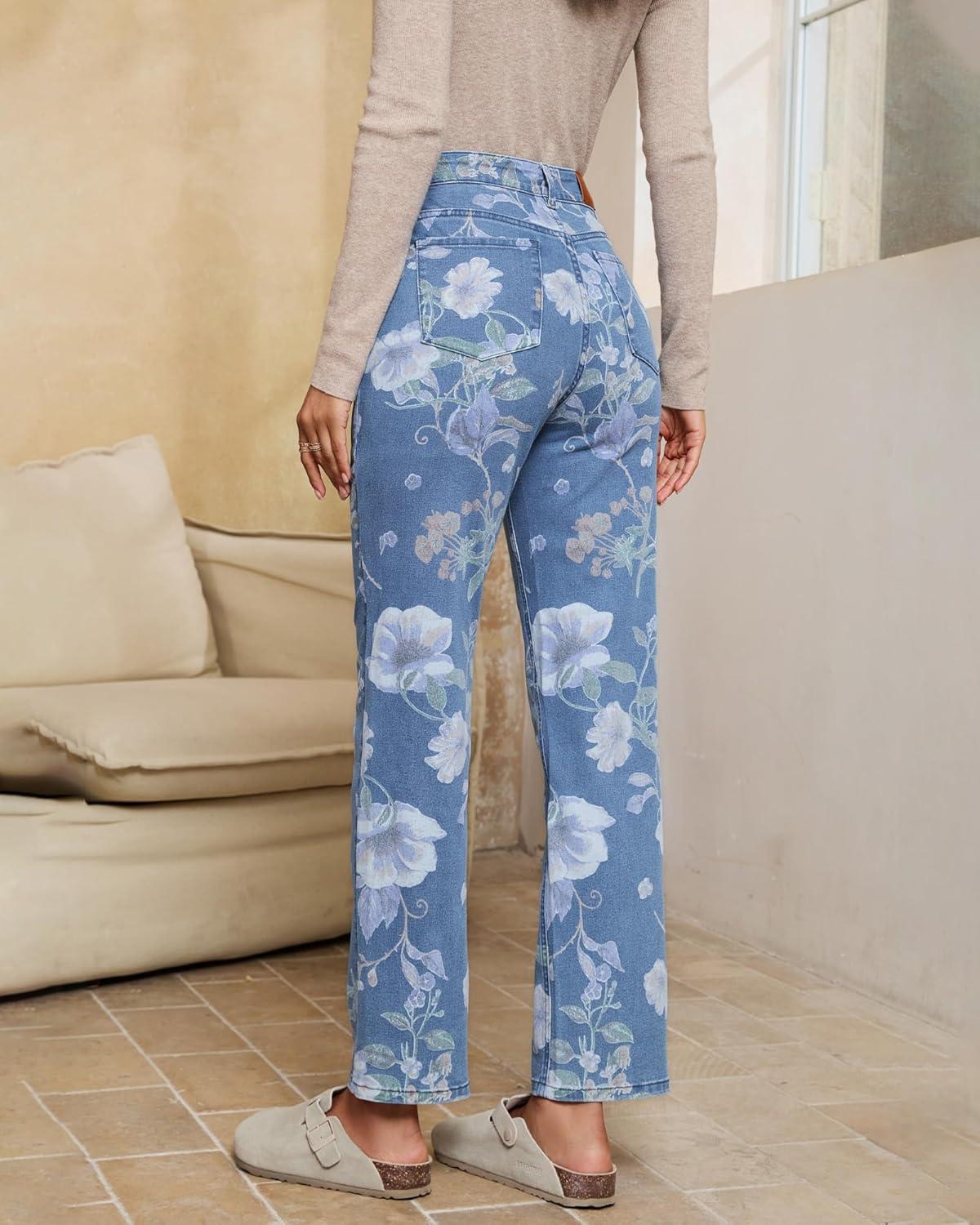 imageluvamia Straight Leg Jeans for Women Floral Printed High Waisted Trendy Cute Vintage Stretchy Denim Pants Boho JeansFloral Print 1  Medium Wash
