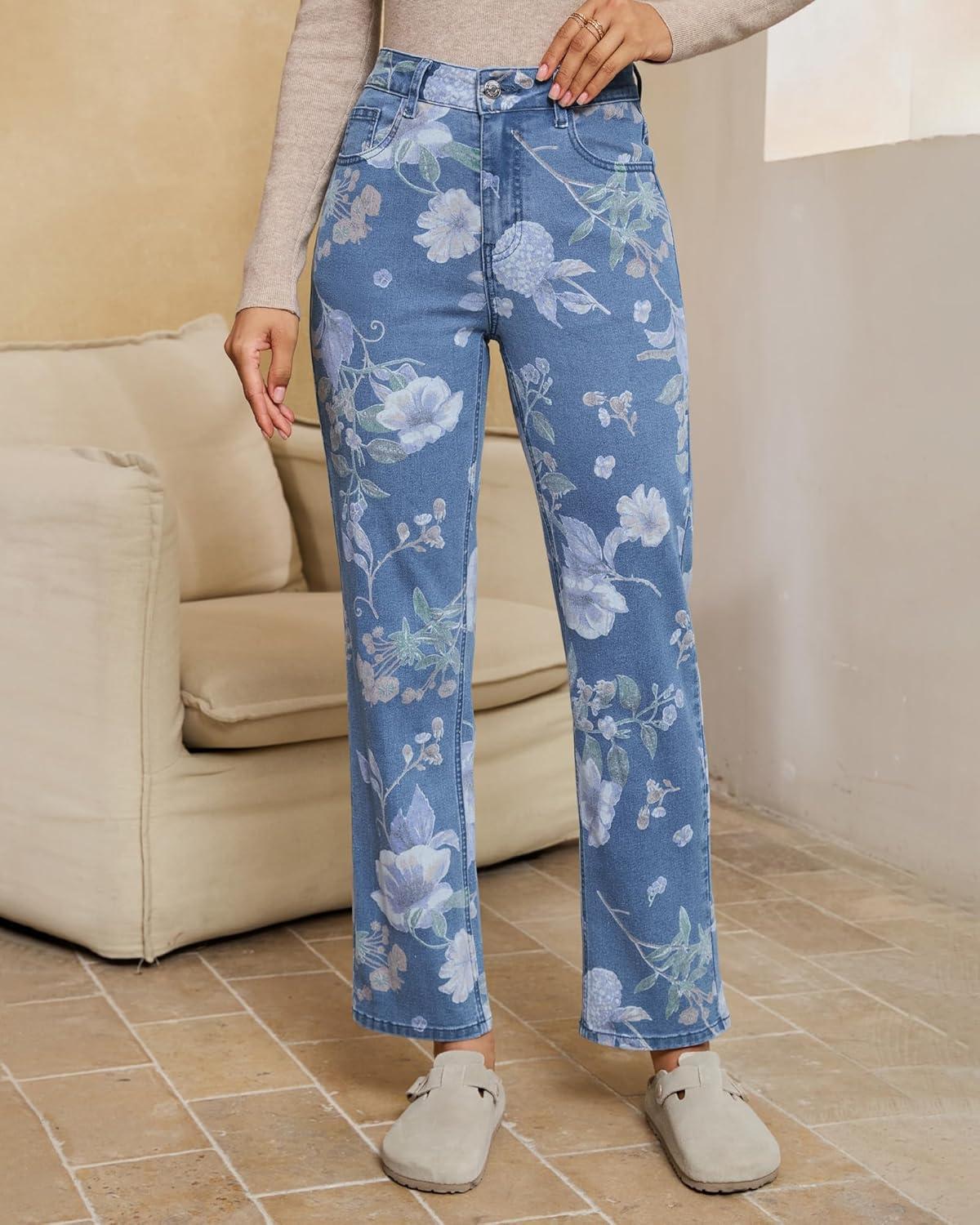 imageluvamia Straight Leg Jeans for Women Floral Printed High Waisted Trendy Cute Vintage Stretchy Denim Pants Boho JeansFloral Print 1  Medium Wash