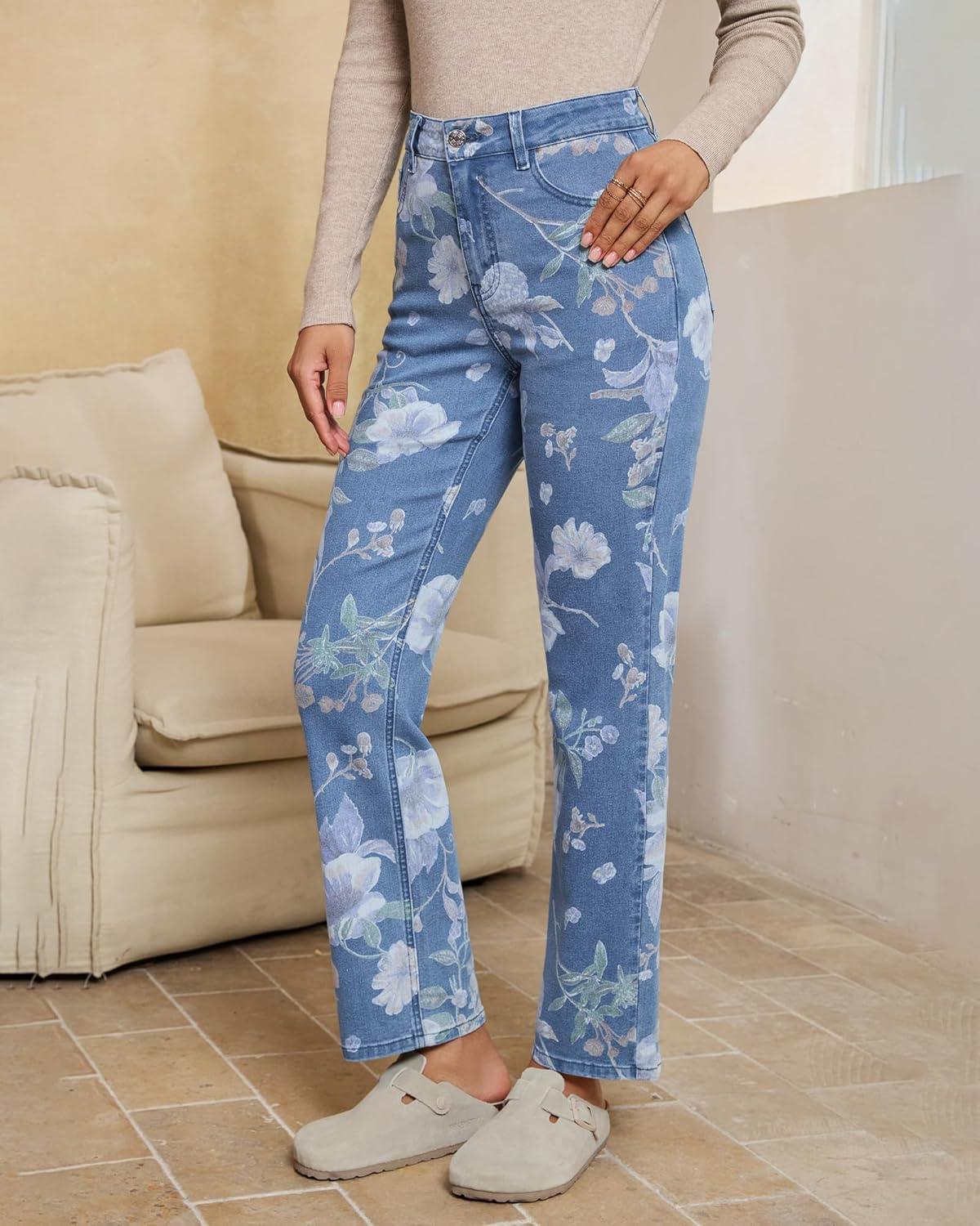 imageluvamia Straight Leg Jeans for Women Floral Printed High Waisted Trendy Cute Vintage Stretchy Denim Pants Boho JeansFloral Print 1  Medium Wash