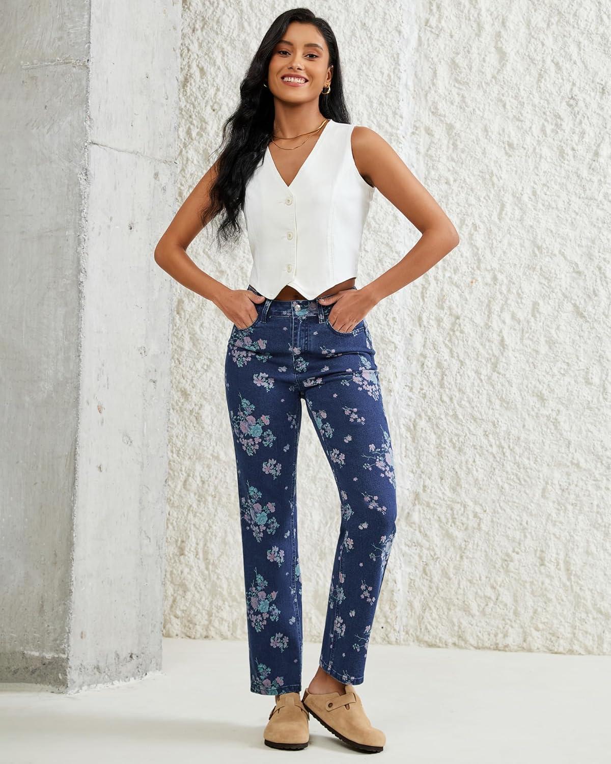 imageluvamia Straight Leg Jeans for Women Floral Printed High Waisted Trendy Cute Vintage Stretchy Denim Pants Boho JeansFloral Print 2  Dark Wash