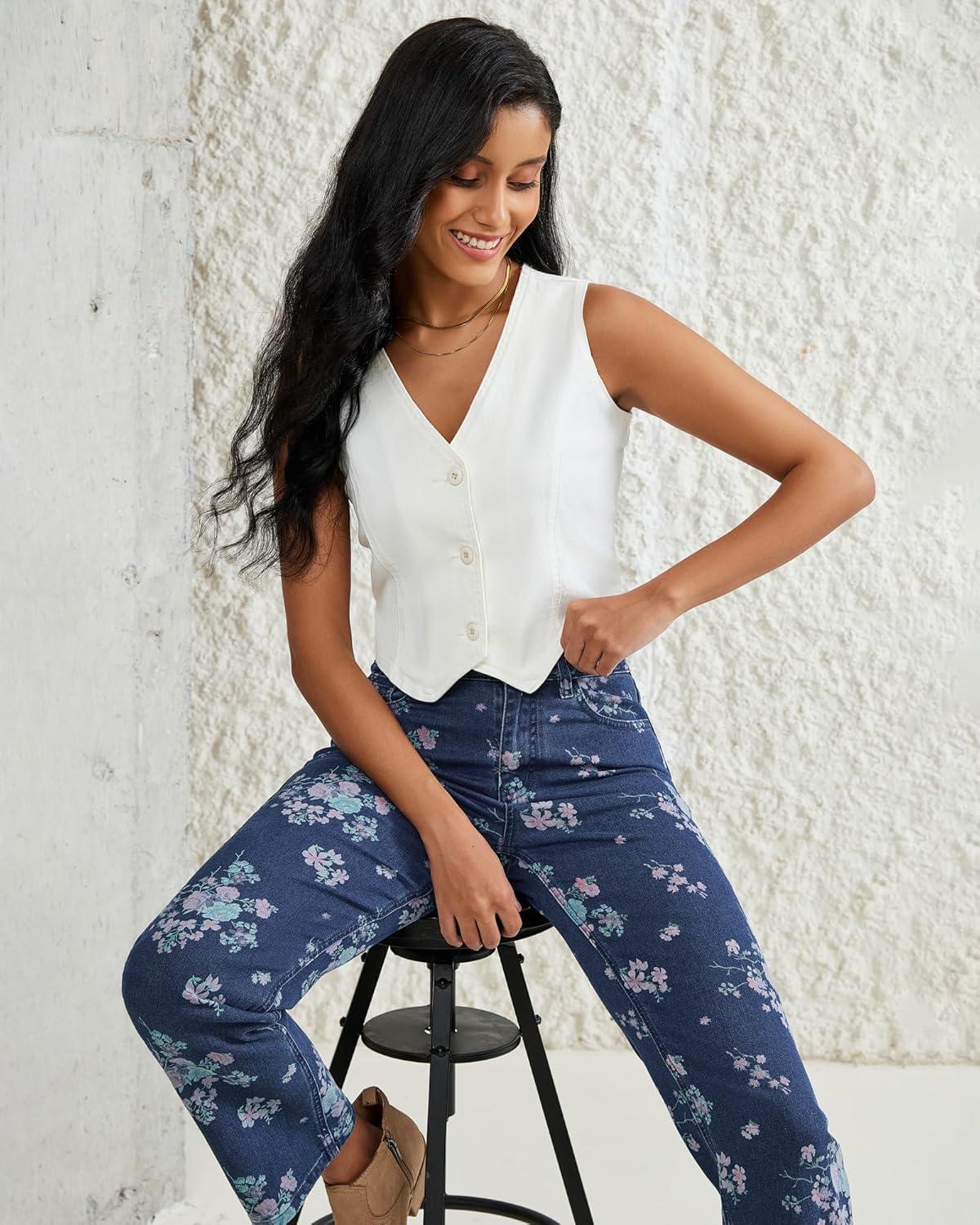 imageluvamia Straight Leg Jeans for Women Floral Printed High Waisted Trendy Cute Vintage Stretchy Denim Pants Boho JeansFloral Print 2  Dark Wash