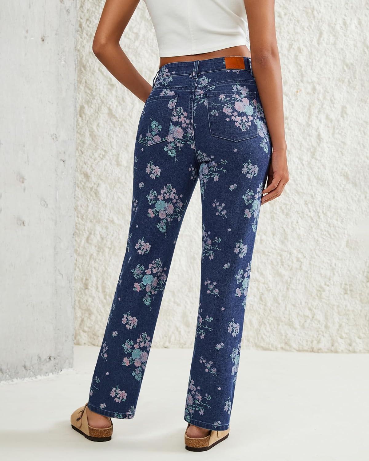 imageluvamia Straight Leg Jeans for Women Floral Printed High Waisted Trendy Cute Vintage Stretchy Denim Pants Boho JeansFloral Print 2  Dark Wash