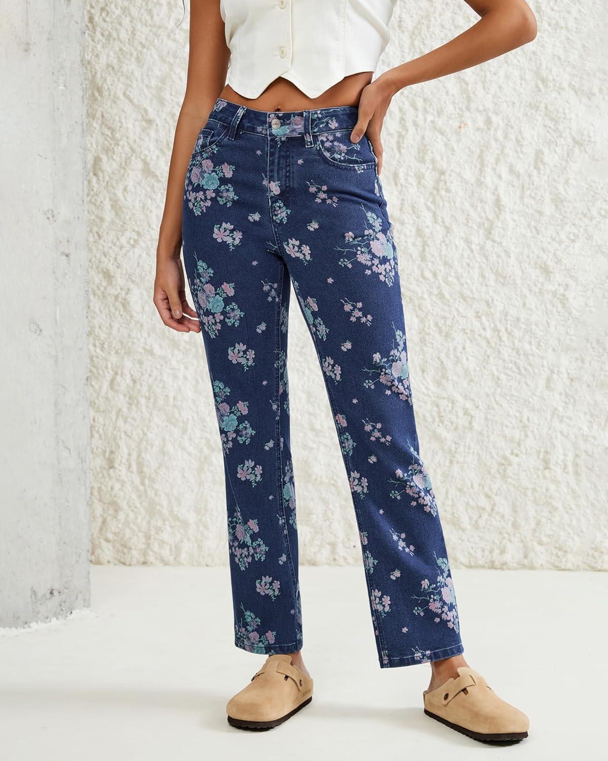 imageluvamia Straight Leg Jeans for Women Floral Printed High Waisted Trendy Cute Vintage Stretchy Denim Pants Boho JeansFloral Print 2  Dark Wash